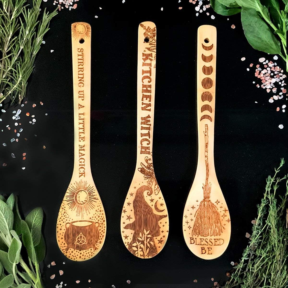Kitchen Witch Baking - Witchy Decor Yule Bamboo Wooden Spoon